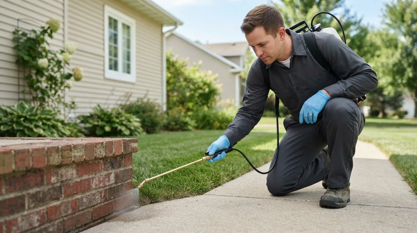Pest control technician treating a home near Polvadera, NM