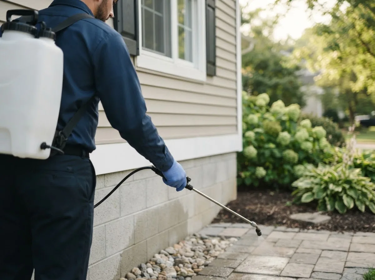 Pest control technician inspecting a home in Polvadera, NM